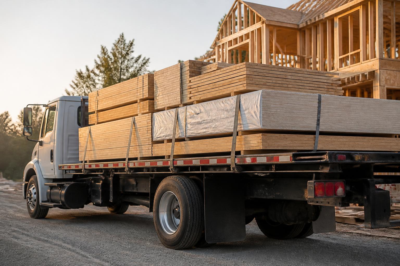 Flatbed truck loaded with lumber and plywood at a jobsite